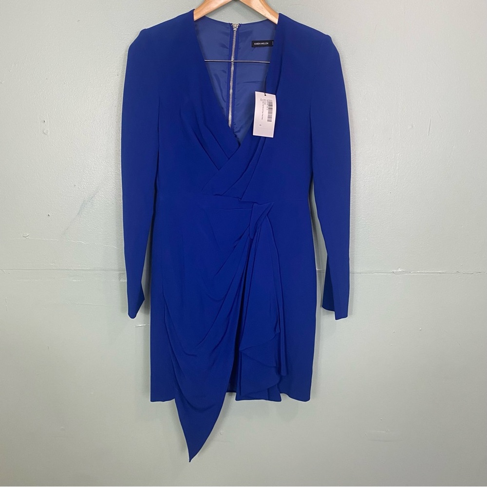 Karen Millen Viscose Satin Crepe Sleeved‎ Drape Wrap Dress Blue Mini Size 8